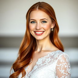 A beautiful Catholic woman, aged 26, with long, flowing red hair, standing gracefully in front of the viewer