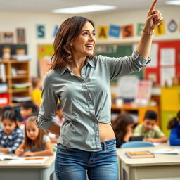 a dynamic scene of a teacher in a lively classroom, energetically pointing upwards with her raised arm