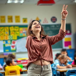 a dynamic scene of a teacher in a lively classroom, energetically pointing upwards with her raised arm