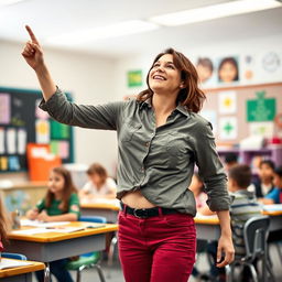 a dynamic scene of a teacher in a lively classroom, energetically pointing upwards with her raised arm