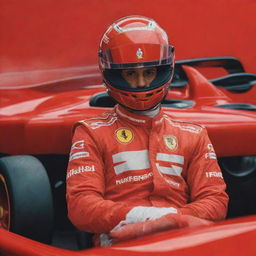 A stylized depiction of Lewis Hamilton, iconic Formula 1 driver, inside a vibrant red Ferrari racing car, maintaining his typical attire and expression.