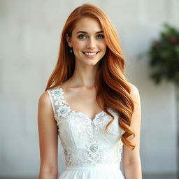 A beautiful Catholic woman, 26 years old, with long, flowing red hair, standing gracefully in front of the viewer