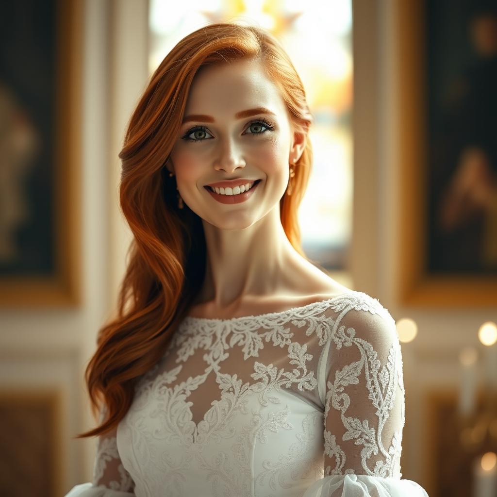 A beautiful Catholic woman, 26 years old, with long, flowing red hair, standing gracefully in front of the viewer