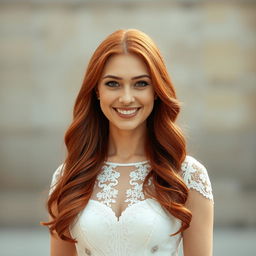 A beautiful Catholic woman, 26 years old, with long, flowing red hair, standing gracefully in front of the viewer