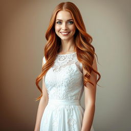 A beautiful Catholic woman, 26 years old, with long, flowing red hair, standing gracefully in front of the viewer