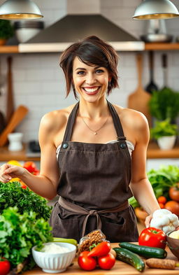 A vibrant and dynamic portrait of a woman in a kitchen setting, radiating energy and enthusiasm