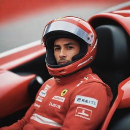 A stylized depiction of Lewis Hamilton, iconic Formula 1 driver, inside a vibrant red Ferrari racing car, maintaining his typical attire and expression.