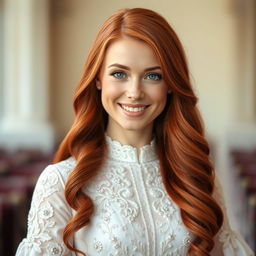 A beautiful Catholic woman, 26 years old, with long, flowing red hair, facing the viewer with a joyful and inviting smile