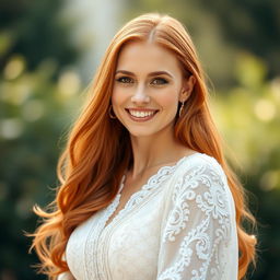 A beautiful Catholic woman, 26 years old, with long, flowing red hair, facing the viewer with a joyful and inviting smile