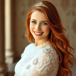 A beautiful Catholic woman, 26 years old, with long, flowing red hair, facing the viewer with a joyful and inviting smile