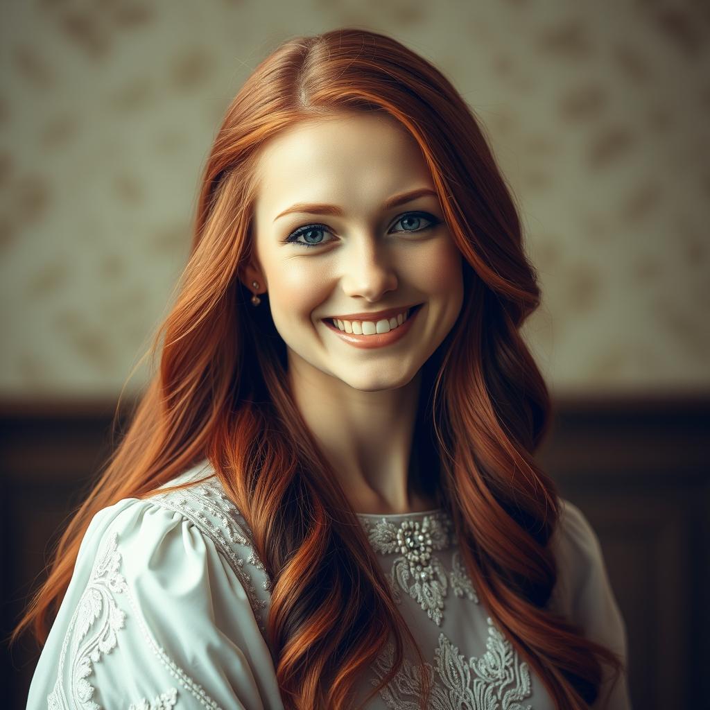 A beautiful Catholic woman, 26 years old, with long, flowing red hair, facing the viewer with a joyful and inviting smile