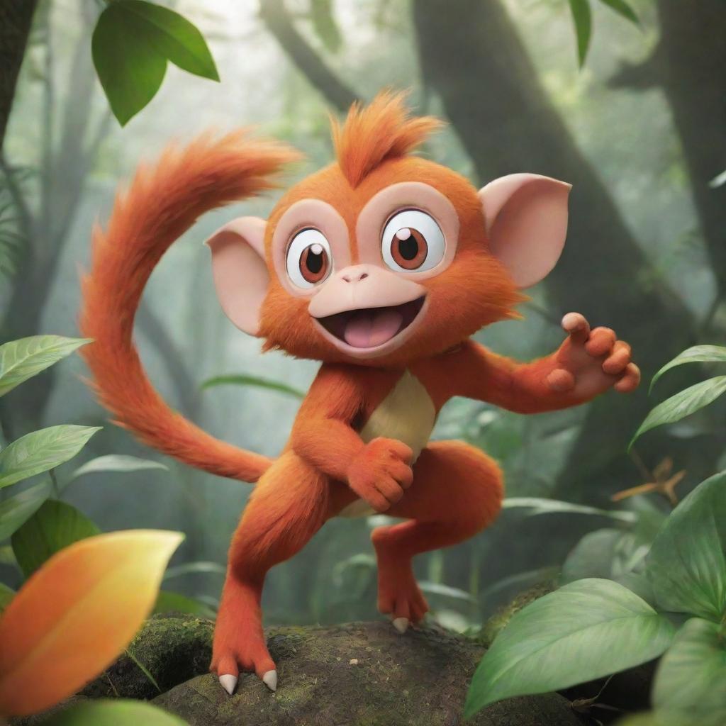 A playful image of a monkey-like Pokemon, such as Infernape, Aipom or Grookey, displaying its agility and powers in a lush jungle