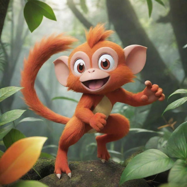 A playful image of a monkey-like Pokemon, such as Infernape, Aipom or Grookey, displaying its agility and powers in a lush jungle