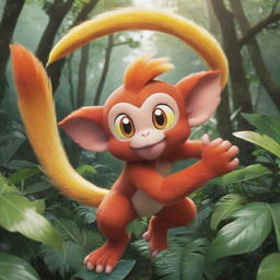 A playful image of a monkey-like Pokemon, such as Infernape, Aipom or Grookey, displaying its agility and powers in a lush jungle