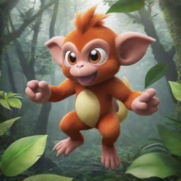 A playful image of a monkey-like Pokemon, such as Infernape, Aipom or Grookey, displaying its agility and powers in a lush jungle