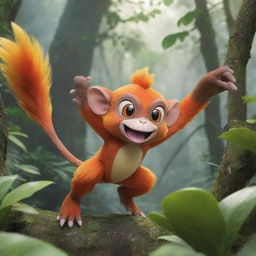 A playful image of a monkey-like Pokemon, such as Infernape, Aipom or Grookey, displaying its agility and powers in a lush jungle