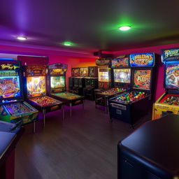 A 30 square meter games room, filled with a variety of entertainment options such as a pool table, pinball machines, video game consoles, and comfortable seating area