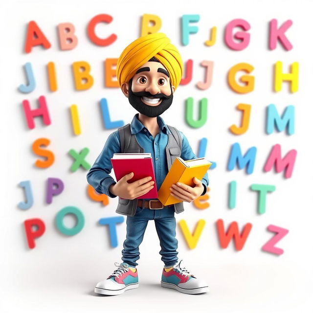 A lively 3D illustration of a Sikh man smiling while holding books in his hands