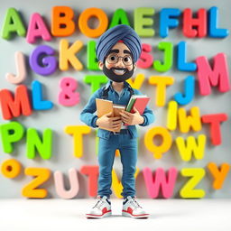 A lively 3D illustration of a Sikh man smiling while holding books in his hands