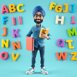 A lively 3D illustration of a Sikh man smiling while holding books in his hands