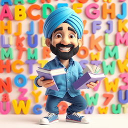 A lively 3D illustration of a Sikh man smiling while holding books in his hands