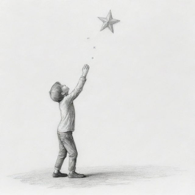 Produce a pencil sketch depicting an individual reaching for a star, representing the pursuit of dreams. It should be simple and replicable using basic drawing techniques.