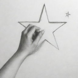 Produce a pencil sketch depicting an individual reaching for a star, representing the pursuit of dreams. It should be simple and replicable using basic drawing techniques.