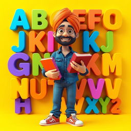 A detailed 3D illustration of a Sikh young man smiling while holding books in his hands