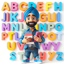 A detailed 3D illustration of a Sikh young man smiling while holding books in his hands