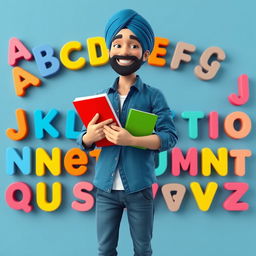 A detailed 3D illustration of a Sikh young man smiling while holding books in his hands