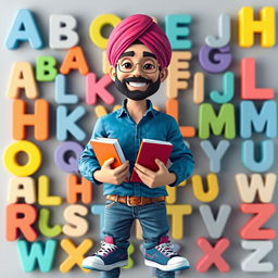 A detailed 3D illustration of a Sikh young man smiling while holding books in his hands