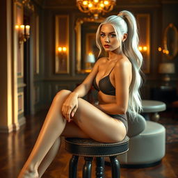 a highly detailed, photorealistic image of a super cute woman with platinum blonde hair styled in a sleek ponytail, sitting gracefully on a stool in a luxurious room