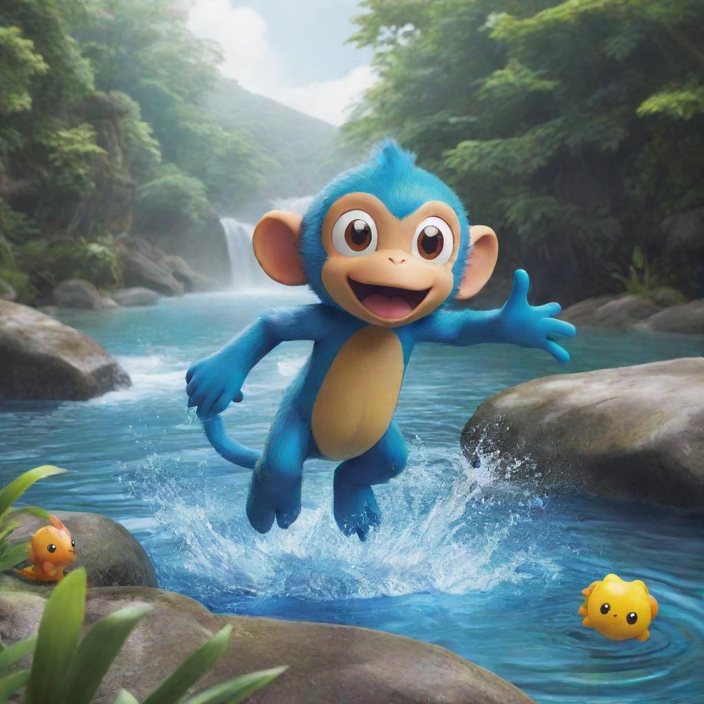 An engaging image of a monkey-like, water-themed Pokemon showcasing aquatic abilities in a vibrant river setting