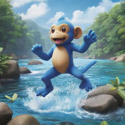 An engaging image of a monkey-like, water-themed Pokemon showcasing aquatic abilities in a vibrant river setting