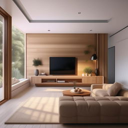 3D images showcasing a 12x20 feet living room, featuring a contemporary TV unit on the north wall, comfortable couches on the east and south walls, viewed from the west side. It masterfully presents efficient use of space and modern aesthetics.