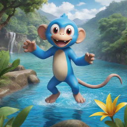 An engaging image of a monkey-like, water-themed Pokemon showcasing aquatic abilities in a vibrant river setting