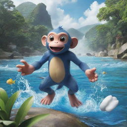 An engaging image of a monkey-like, water-themed Pokemon showcasing aquatic abilities in a vibrant river setting