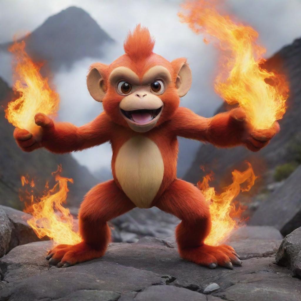 An dynamic image of a monkey-like, fire-themed Pokemon, such as Chimchar or Infernape, showing off its fiery abilities in a vibrant volcanic setting