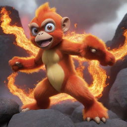 An dynamic image of a monkey-like, fire-themed Pokemon, such as Chimchar or Infernape, showing off its fiery abilities in a vibrant volcanic setting