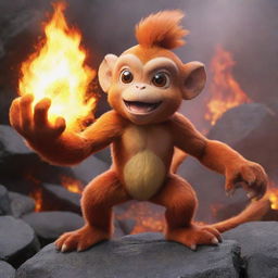 An dynamic image of a monkey-like, fire-themed Pokemon, such as Chimchar or Infernape, showing off its fiery abilities in a vibrant volcanic setting