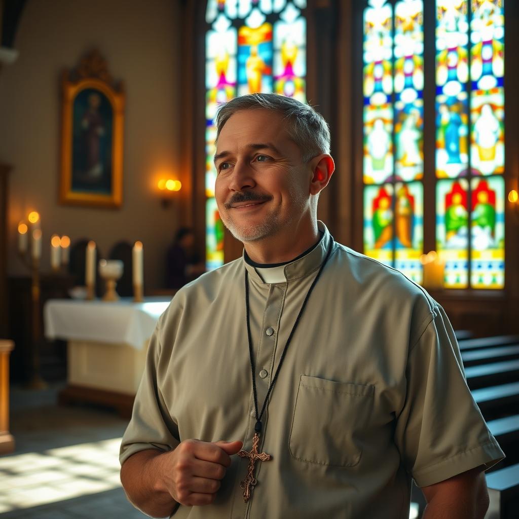 A portrait of a Catholic man in casual attire, standing in a serene chapel with stained glass windows illuminating the scene