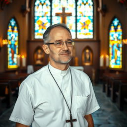 A portrait of a Catholic man in casual attire, standing in a serene chapel with stained glass windows illuminating the scene