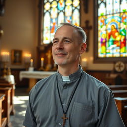 A portrait of a Catholic man in casual attire, standing in a serene chapel with stained glass windows illuminating the scene