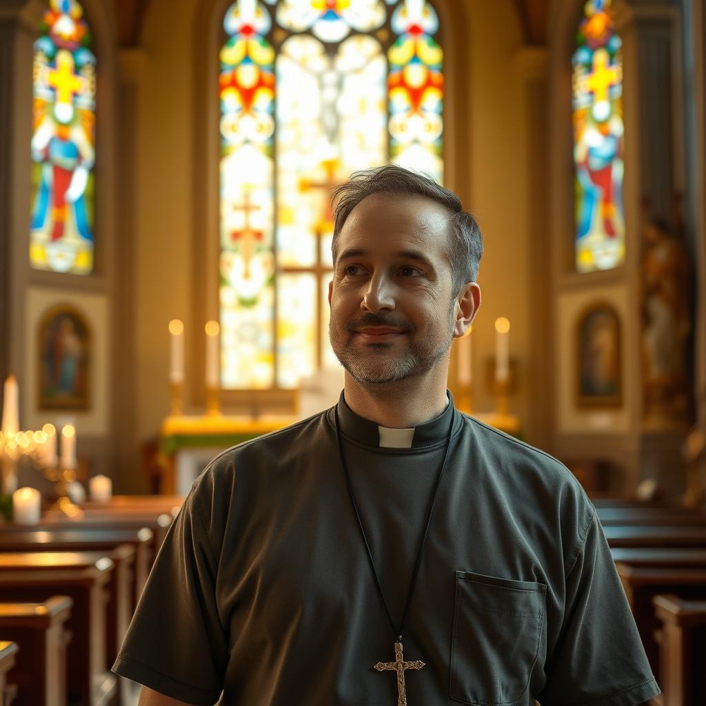 A portrait of a Catholic man in casual attire, standing in a serene chapel with stained glass windows illuminating the scene