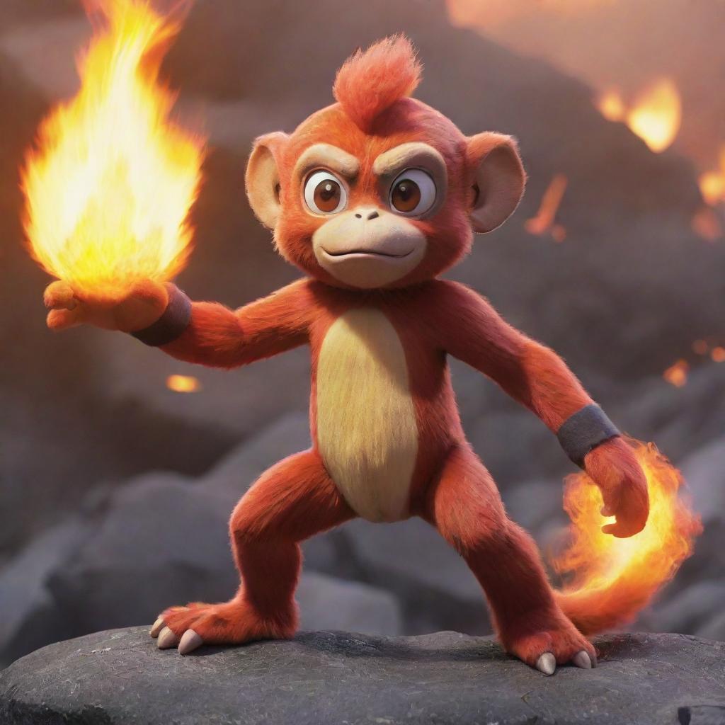 An dynamic image of a monkey-like, fire-themed Pokemon, such as Chimchar or Infernape, showing off its fiery abilities in a vibrant volcanic setting