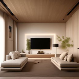 3D images showcasing a 12x20 feet living room, featuring a contemporary TV unit on the north wall, comfortable couches on the east and south walls, viewed from the west side. It masterfully presents efficient use of space and modern aesthetics.