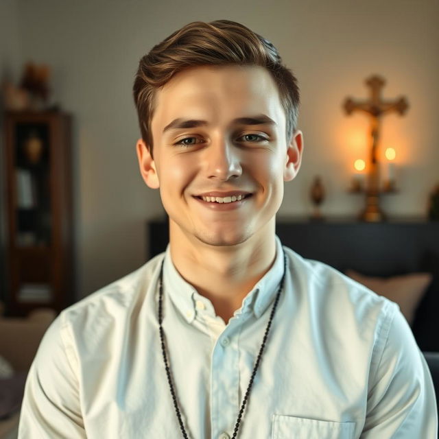 A portrait of a 21-year-old Catholic man in a relaxed setting, wearing a casual button-up shirt