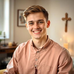 A portrait of a 21-year-old Catholic man in a relaxed setting, wearing a casual button-up shirt