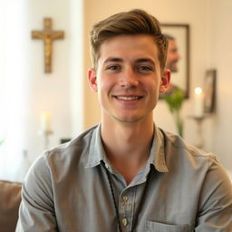 A portrait of a 21-year-old Catholic man in a relaxed setting, wearing a casual button-up shirt