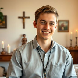 A portrait of a 21-year-old Catholic man in a relaxed setting, wearing a casual button-up shirt